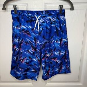 Lands' End Blue Shark Print Kids Swim Trunks Size 10-12 Large EUC